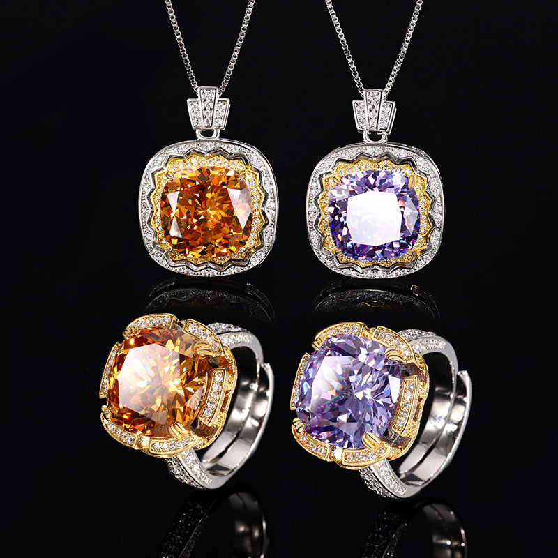 Luxe Cushion Cut Purple Yellow Sparkle Statement Jewelry Set