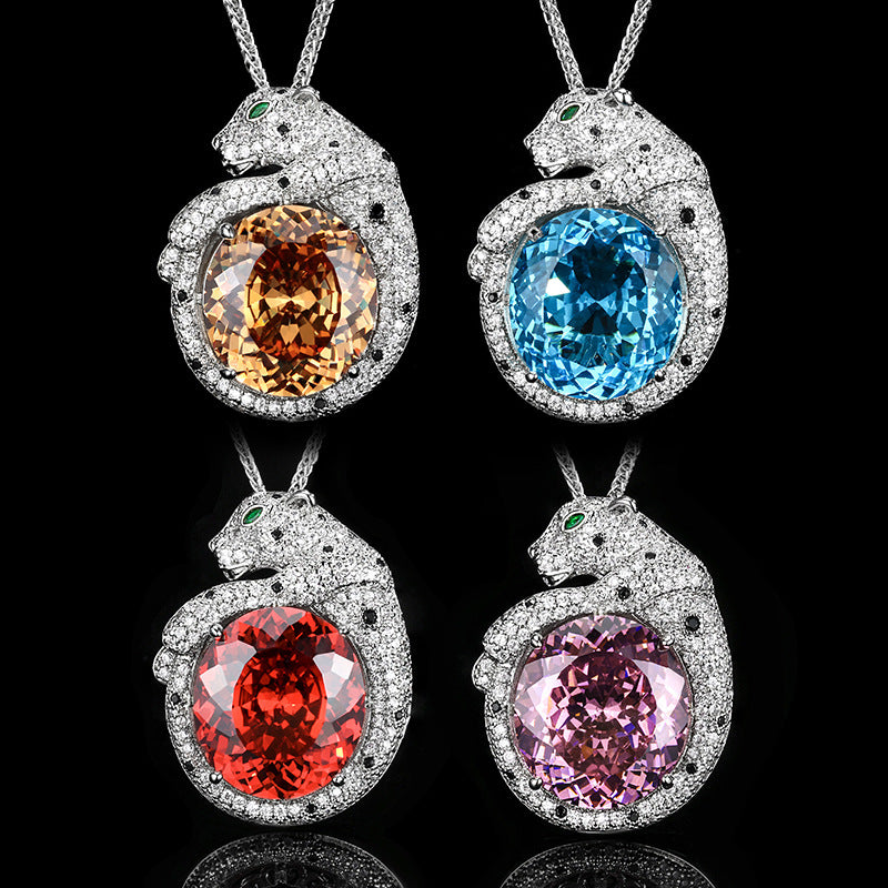 Sparkling Pave Panther Oval Gemstone Necklace