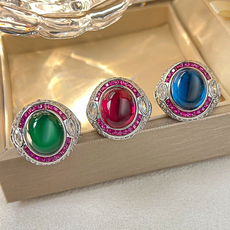 Luminous Star-Effect Cabochon Gemstone Halo Statement Ring