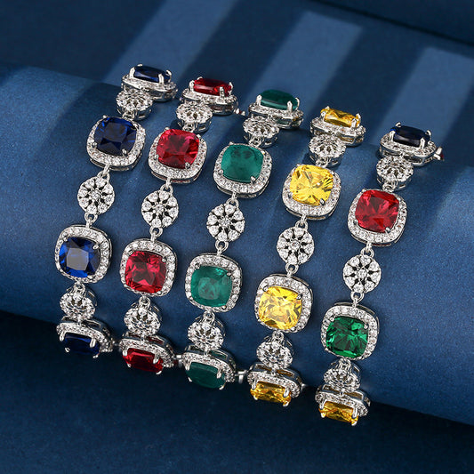 Elegant Cushion Cut Gemstone Halo Sparkle Tennis Bracelet