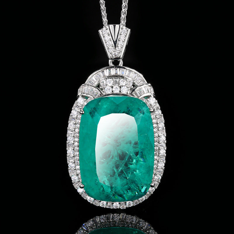 Luxury Cushion Cut Emerald Green Paraiba Blue Pendant Necklace