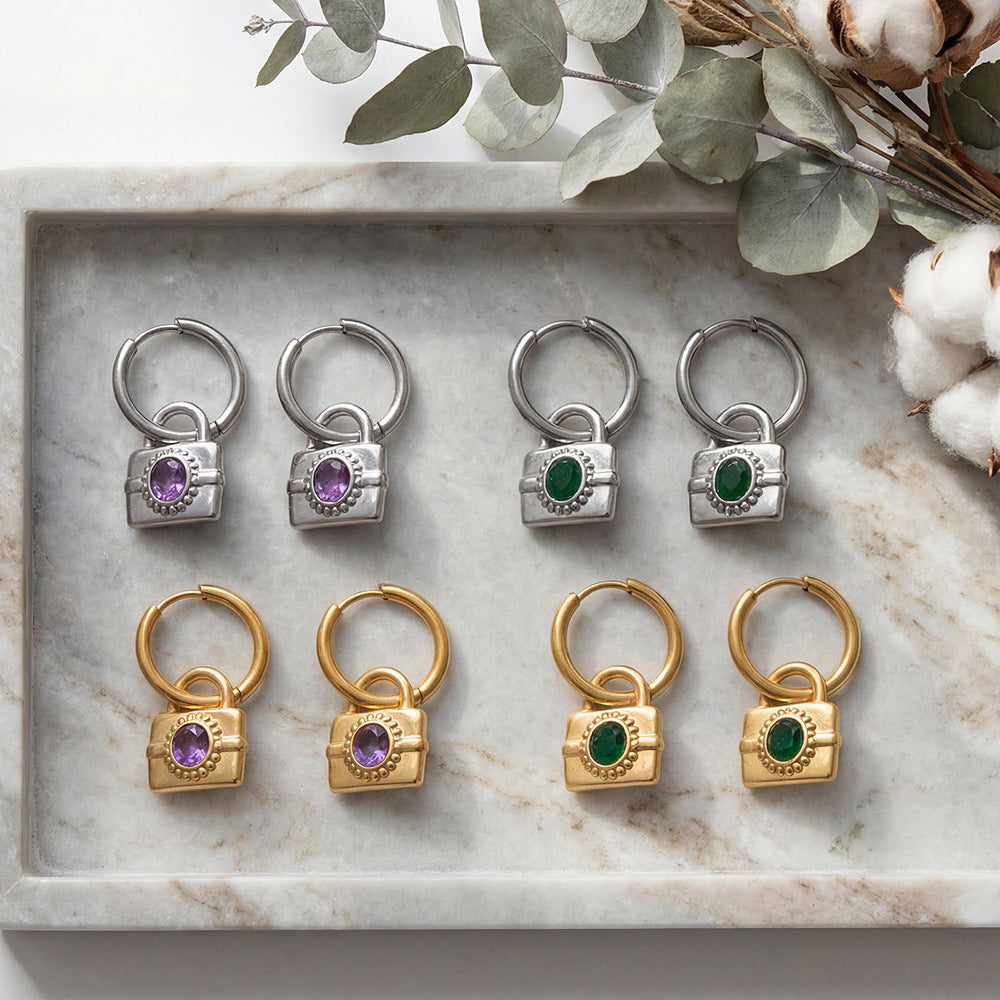 Gemstone Padlock Charm Huggie Earrings