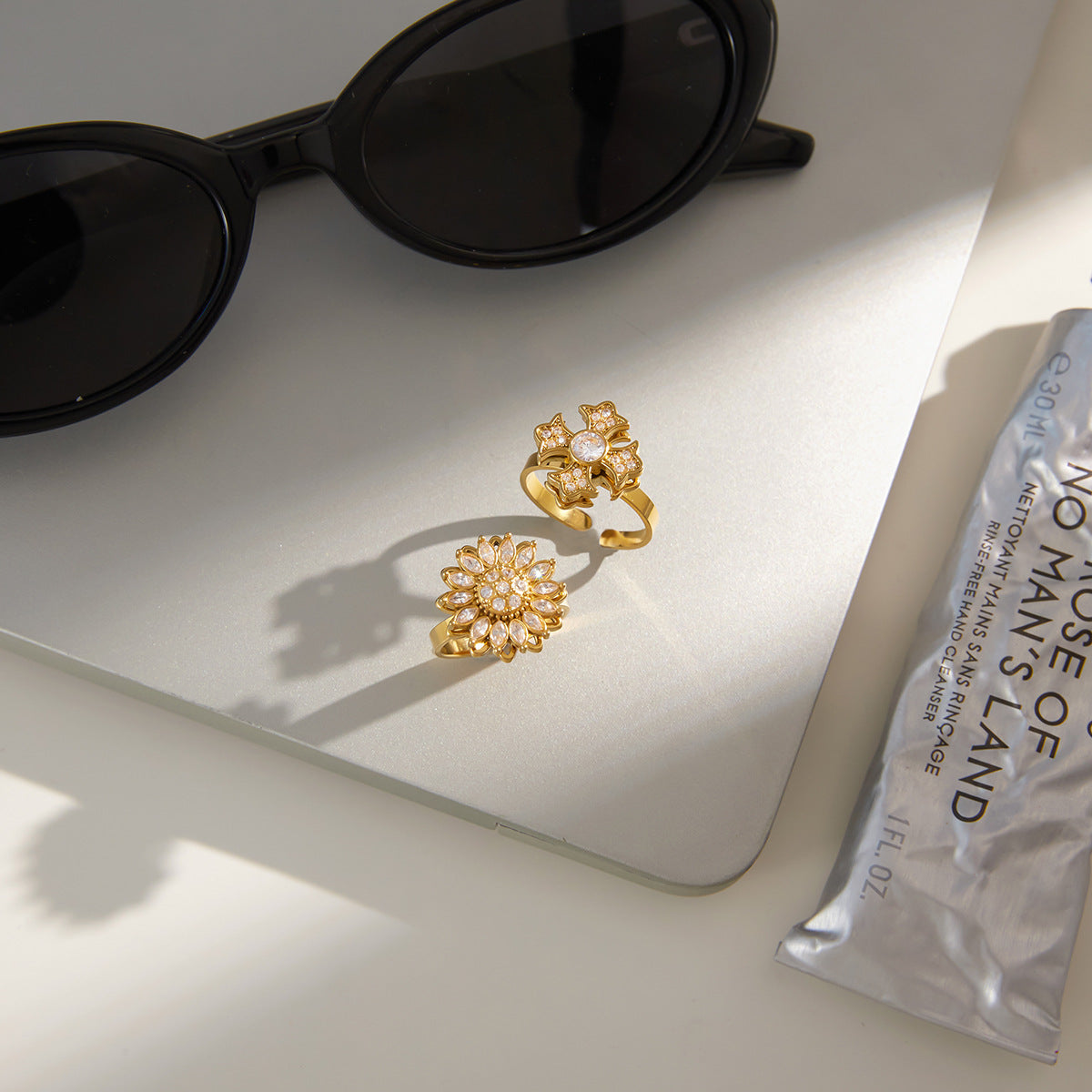 Sparkling Gold Sunflower & Cross Rings