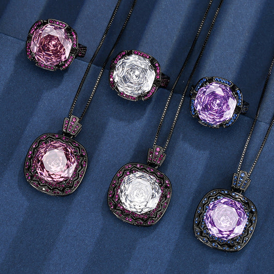 Vintage Rose-Cut Gemstone Halo Necklace and Ring Set