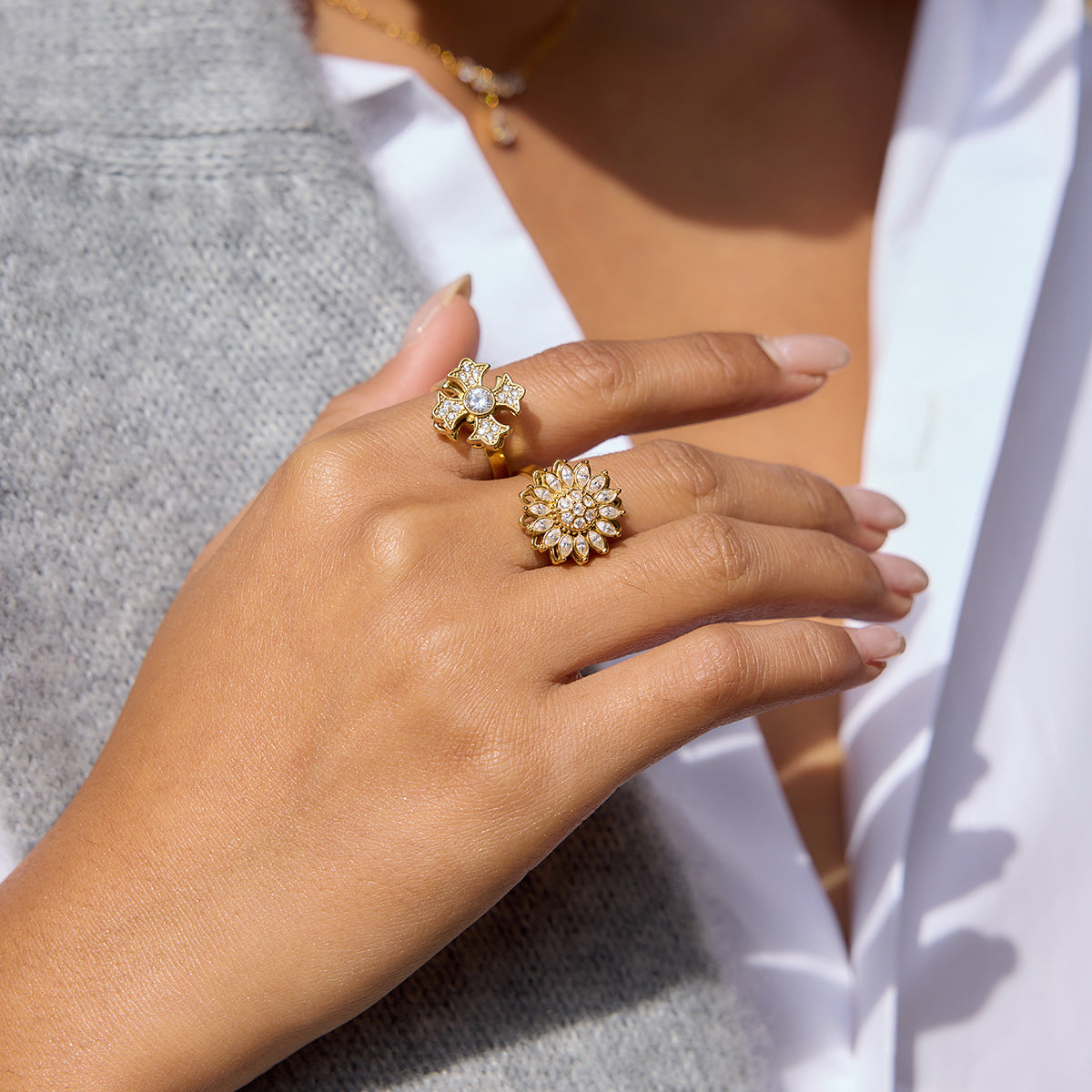 Sparkling Gold Sunflower & Cross Rings