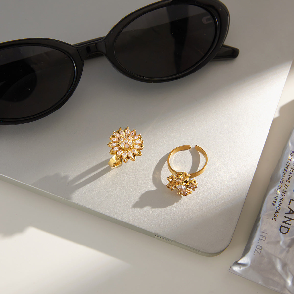 Sparkling Gold Sunflower & Cross Rings