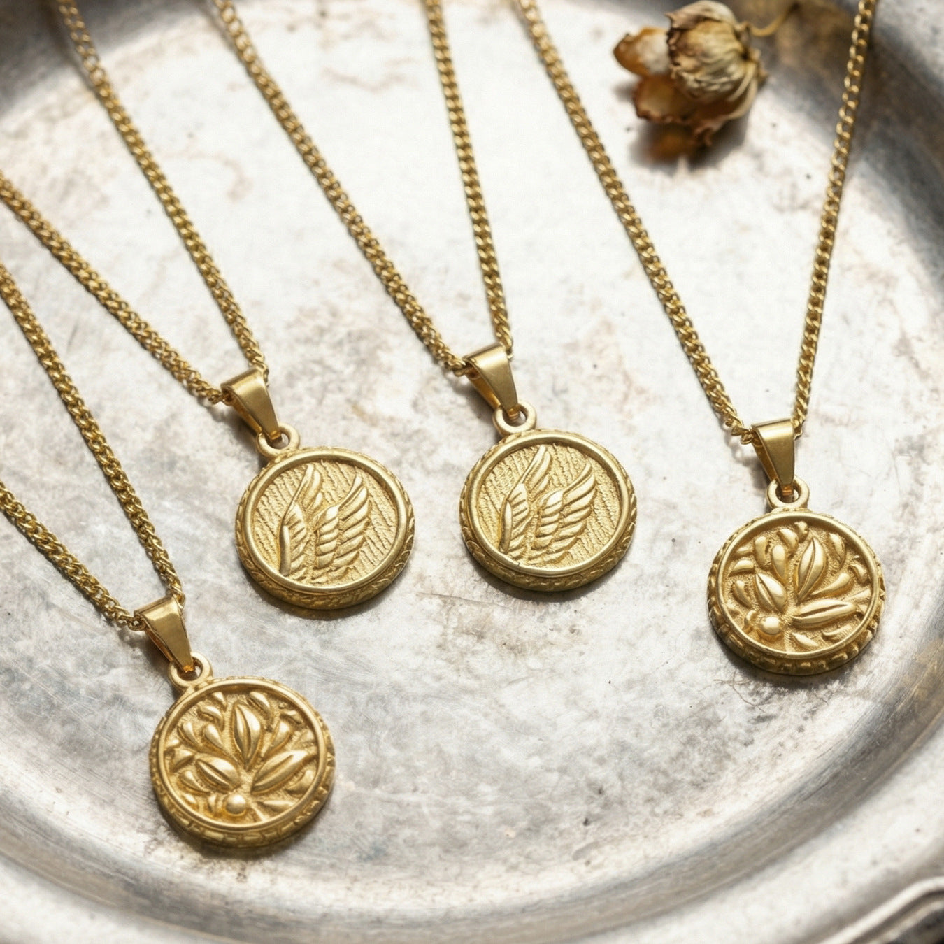 Engraved Gold Botanical Medallion Necklace