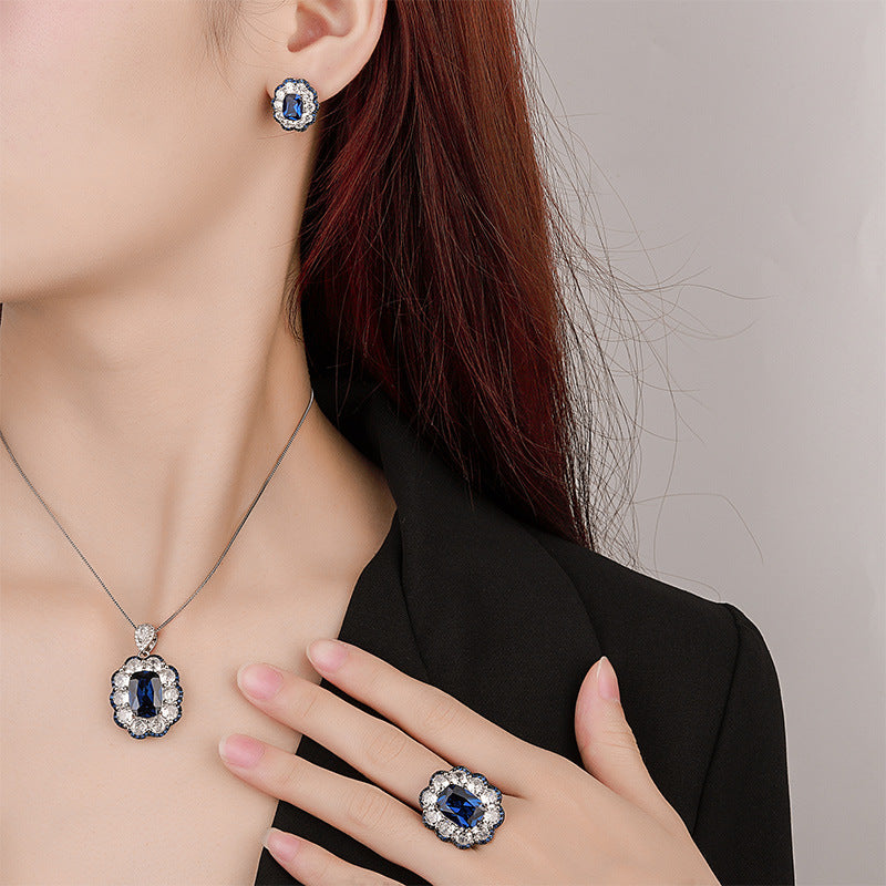 Luxury Blue Crystal Halo Jewelry Set