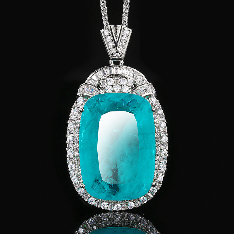 Luxury Cushion Cut Emerald Green Paraiba Blue Pendant Necklace