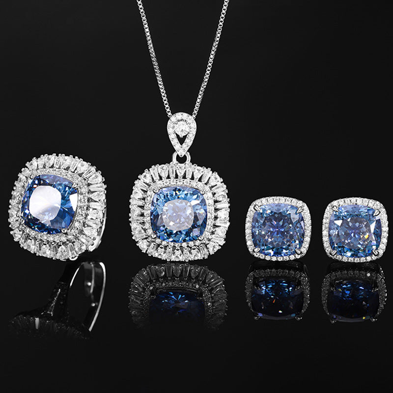 Cushion-Cut Blue Stone Halo Jewelry Suite