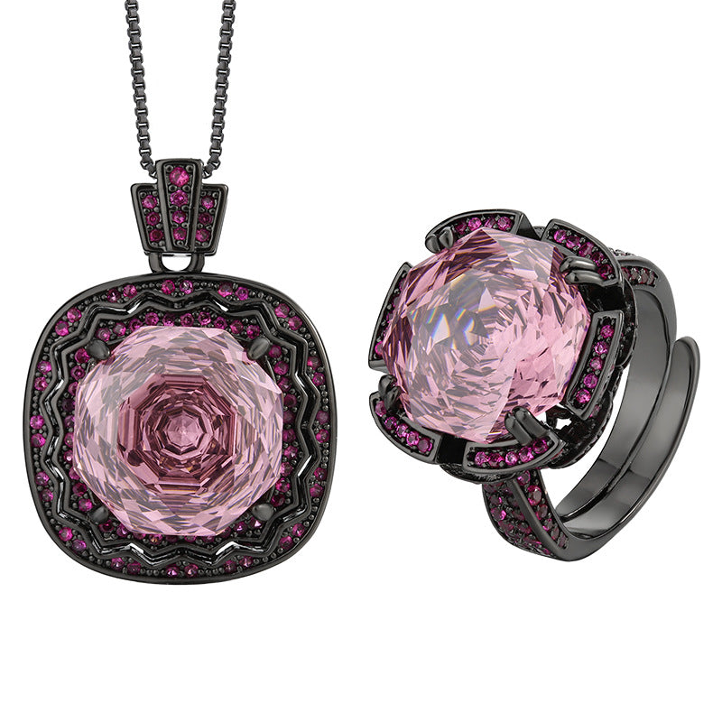 Vintage Rose-Cut Gemstone Halo Necklace and Ring Set