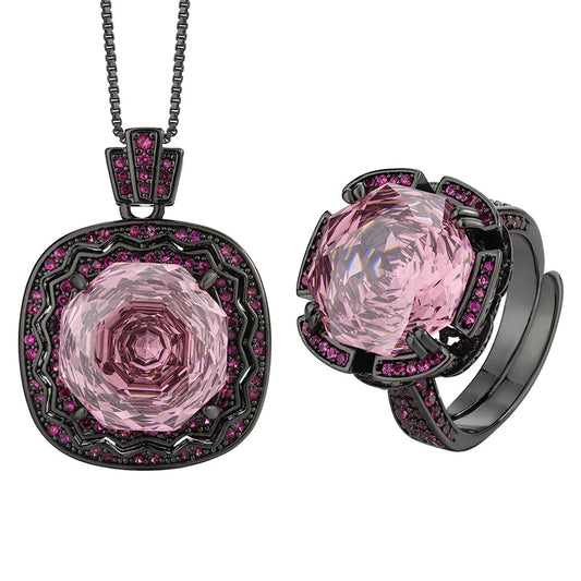 Vintage Rose-Cut Gemstone Halo Necklace and Ring Set