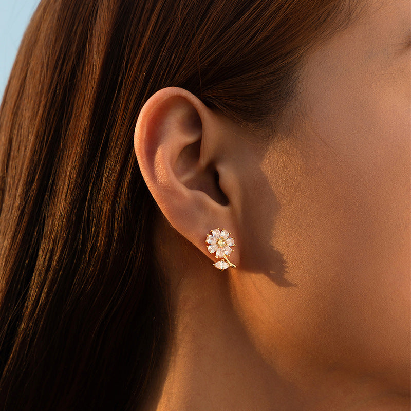 Floral Elegance Zirconia Gold Drop Ear Studs