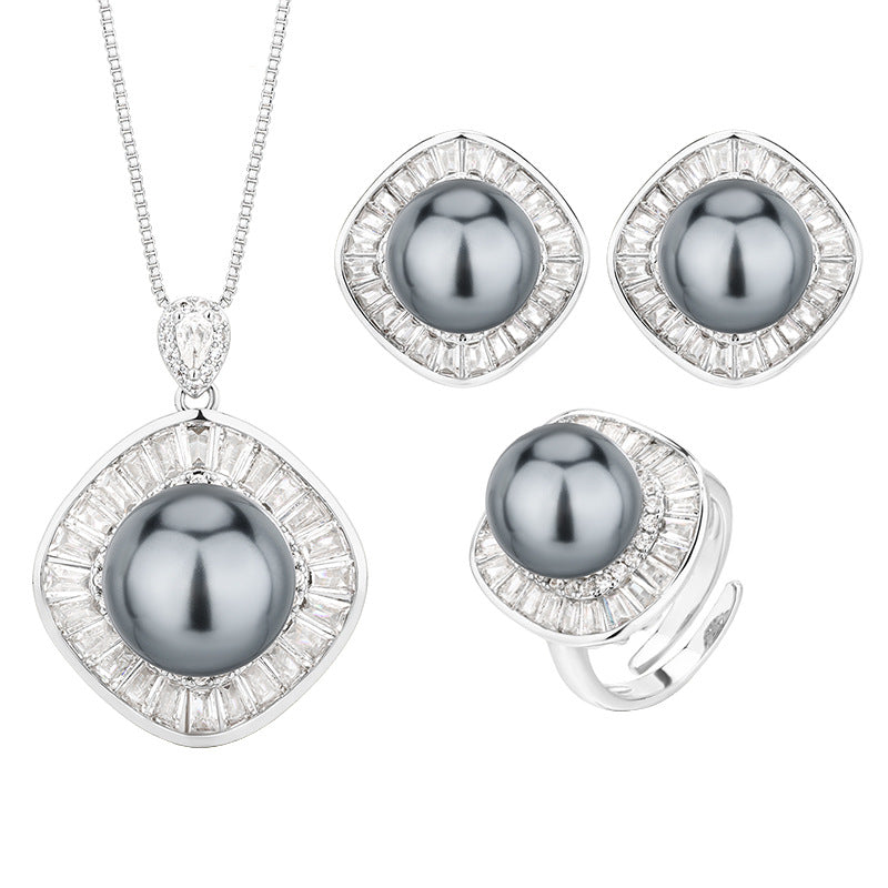 Royal Mystic Gray Pearl Double Halo Jewelry Set