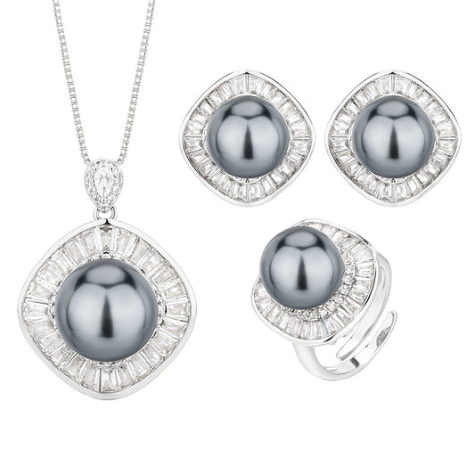 Royal Mystic Gray Pearl Double Halo Jewelry Set