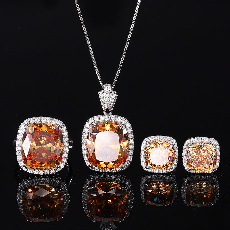 Cushion Cut Champange Halo Jewelry Set