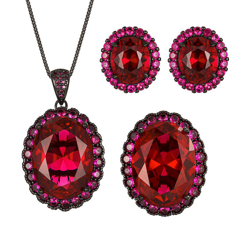 Vintage Crimson Ruby Halo Jewelry Set