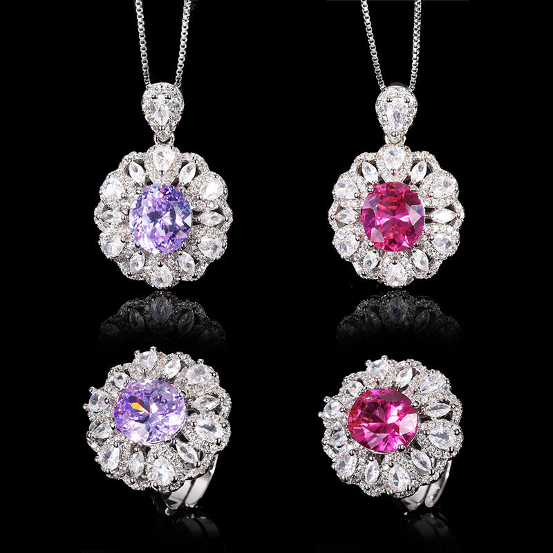 Royal Oval Gemstone Floral Halo Jewelry Set