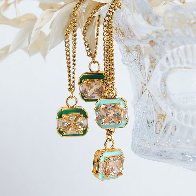 Enamel Square Crystal Pendant Jewelry Set