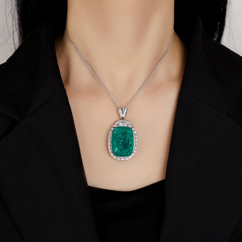 Luxury Cushion Cut Emerald Green Paraiba Blue Pendant Necklace