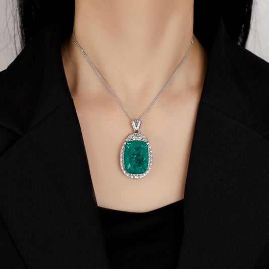Luxury Cushion Cut Emerald Green Paraiba Blue Pendant Necklace