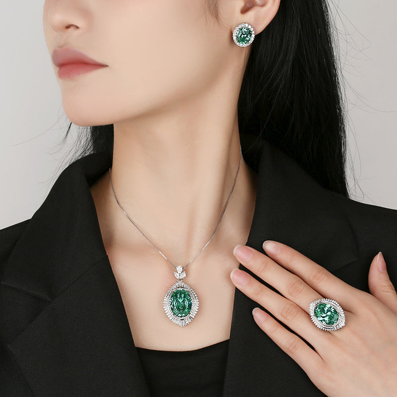 Shining Teal Green Oval Halo Jewelry Set