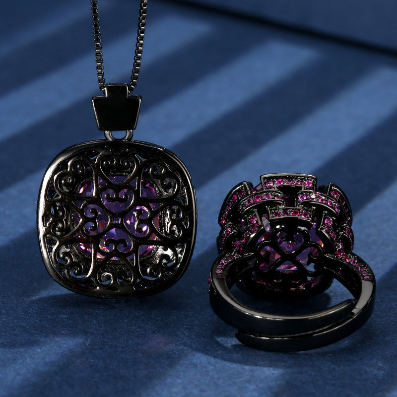 Vintage Rose-Cut Gemstone Halo Necklace and Ring Set
