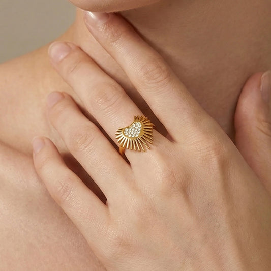 Radiant Sunburst Pavé Heart Adjustable Ring