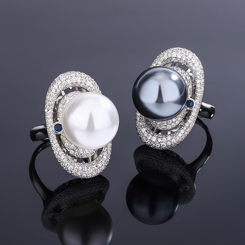 Celestial Saturn-Inspired Pearl and Crystal Halo Statement Ring