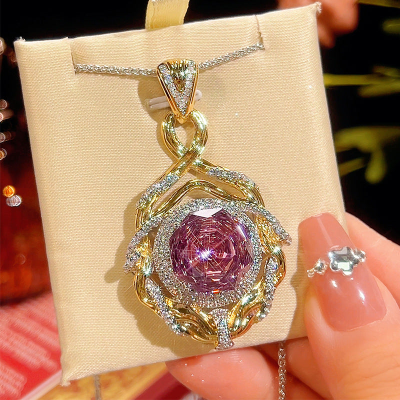 Rose Cut Gemstone Twisted Halo Statement Pendant Necklace