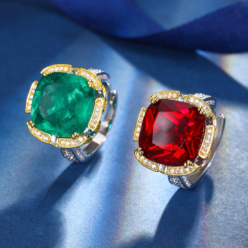 Vintage Royal Cushion-Cut Emerald and Ruby Statement Rings