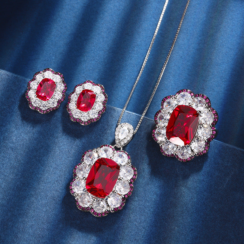Luxury Red Crystal Halo Jewelry Set