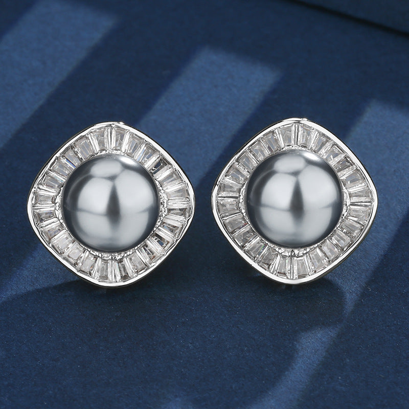 Royal Mystic Gray Pearl Double Halo Jewelry Set