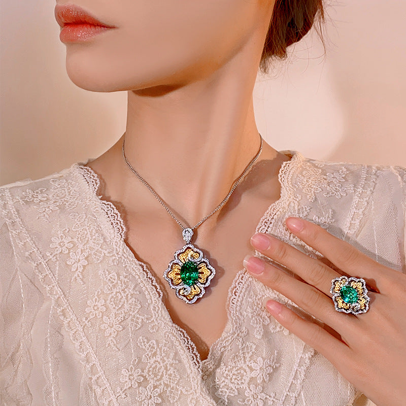 Exquisite Green Oval Stone Floral Scroll Pave Jewelry Set