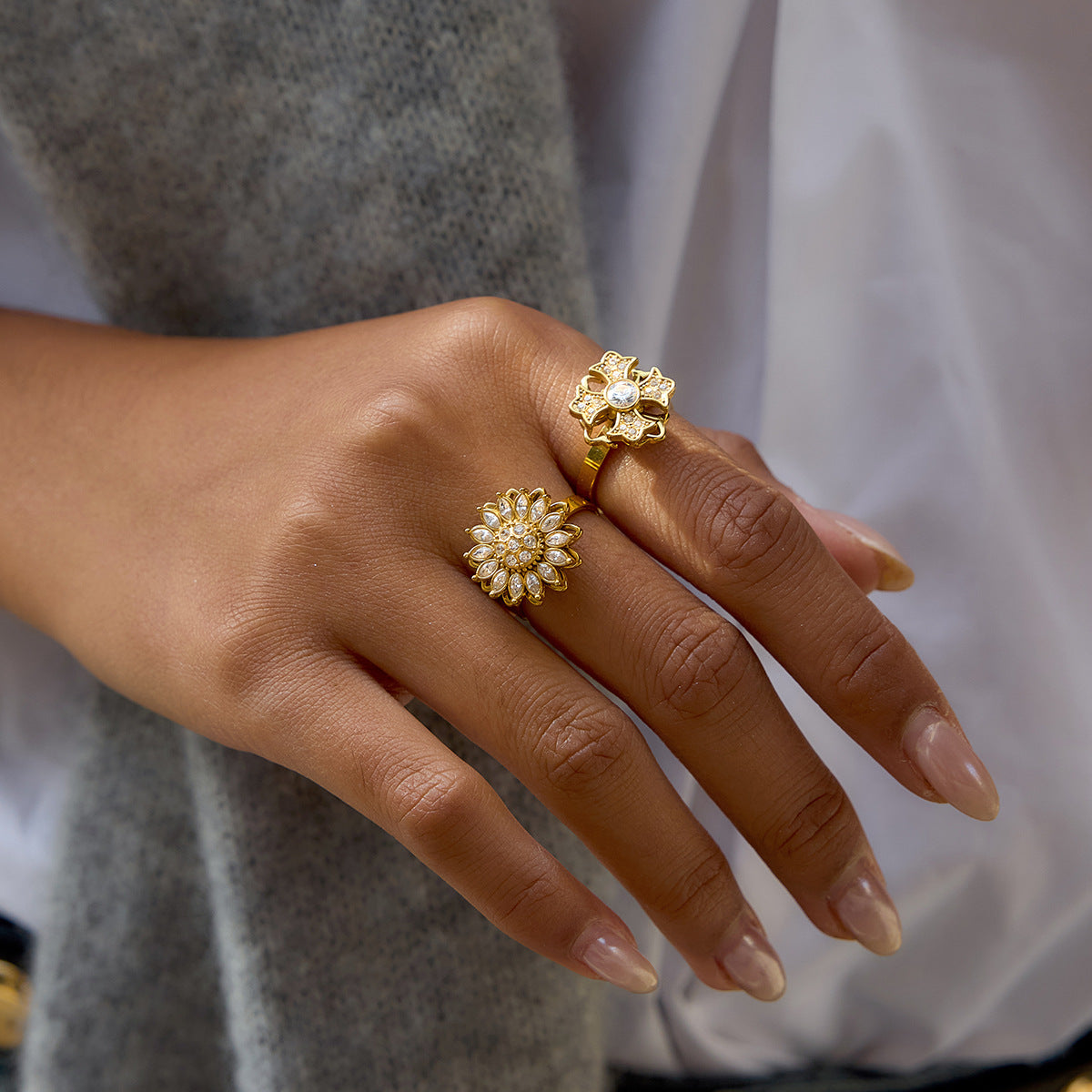 Sparkling Gold Sunflower & Cross Rings