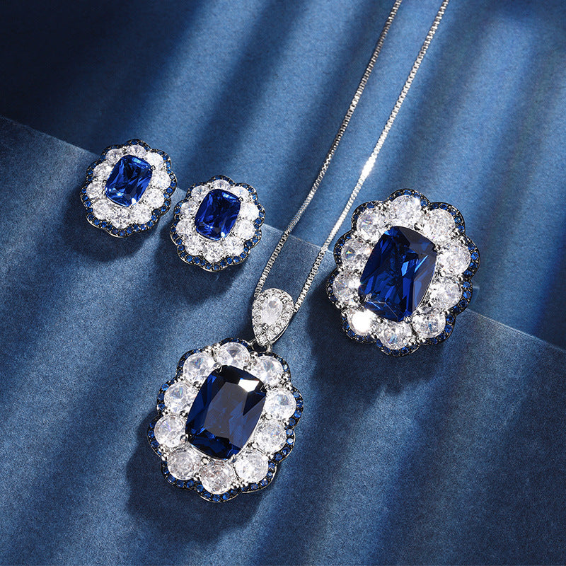 Luxury Blue Crystal Halo Jewelry Set