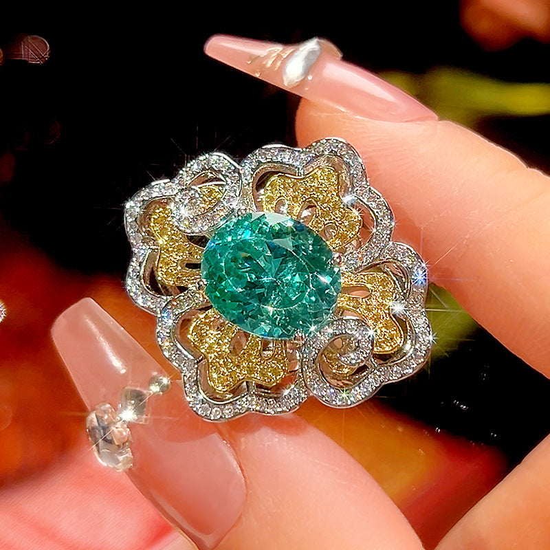 Exquisite Green Oval Stone Floral Scroll Pave Jewelry Set