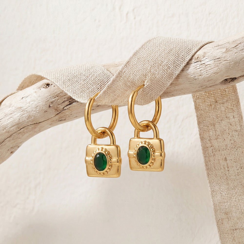 Gemstone Padlock Charm Huggie Earrings