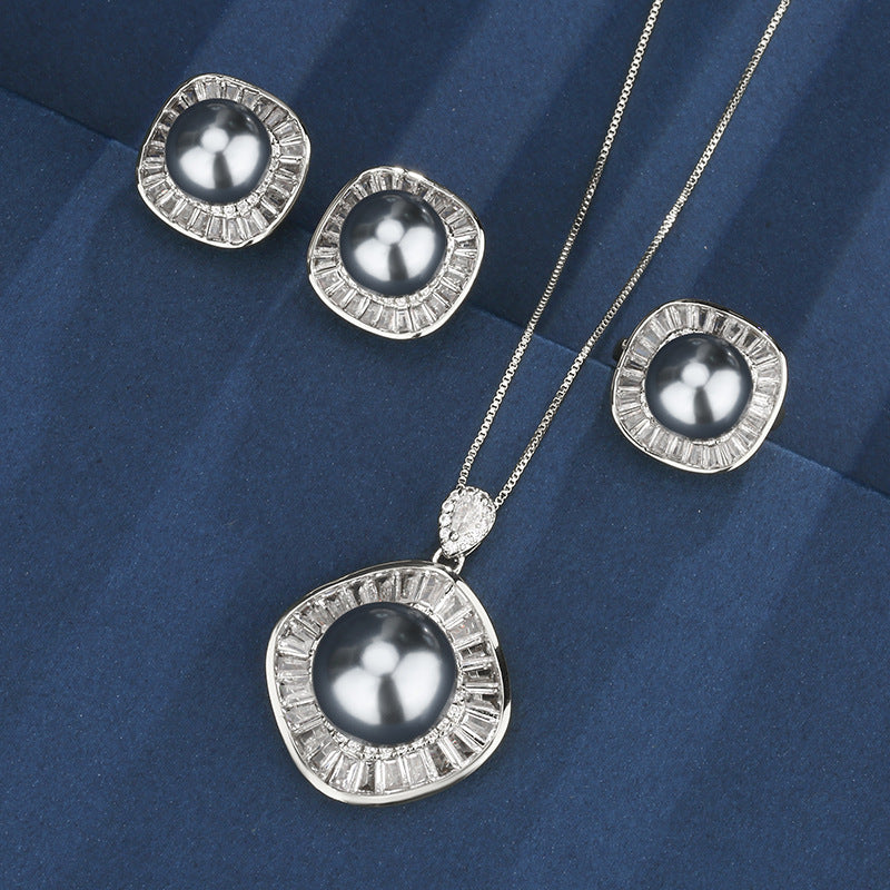 Royal Mystic Gray Pearl Double Halo Jewelry Set