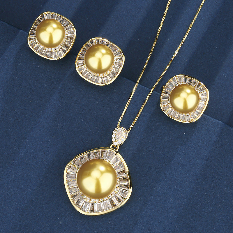 Luxury Golden Pearl and Baguette Crystal Jewelry Set