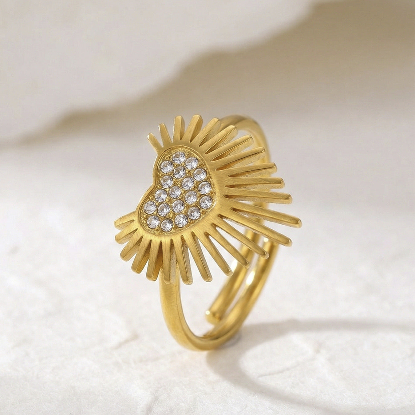 Radiant Sunburst Pavé Heart Adjustable Ring