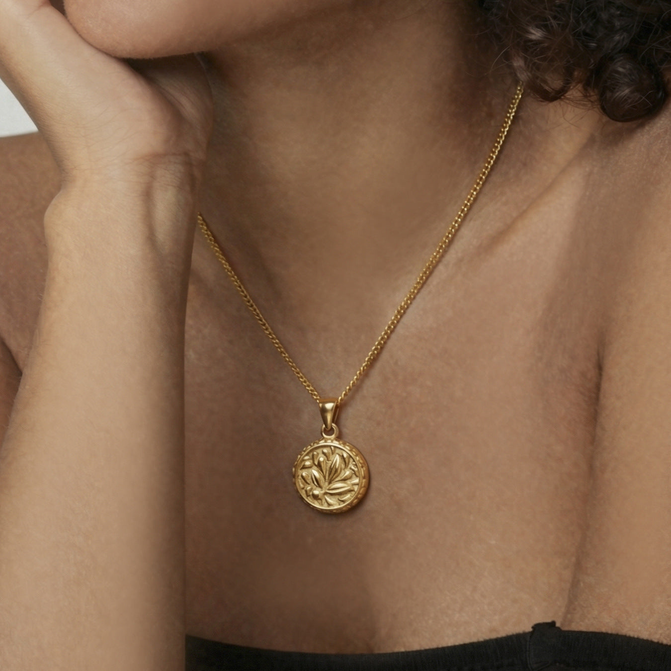 Engraved Gold Botanical Medallion Necklace