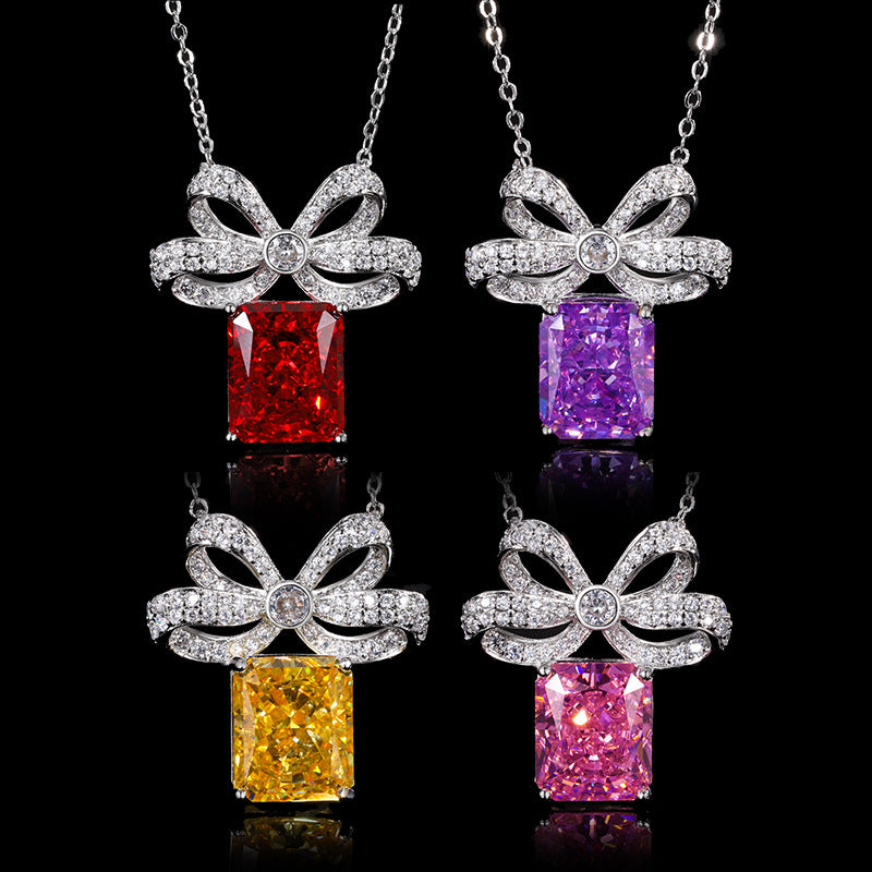 Sparkling Bow-Knot Radiant Cut Colorful Gemstone Necklace