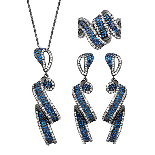 Art Deco Gunmetal Twisted Ribbon Blue Sapphire Jewelry Set