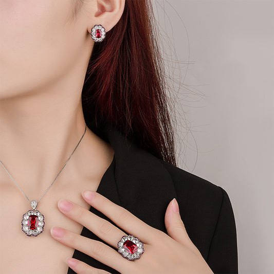 Luxury Red Crystal Halo Jewelry Set