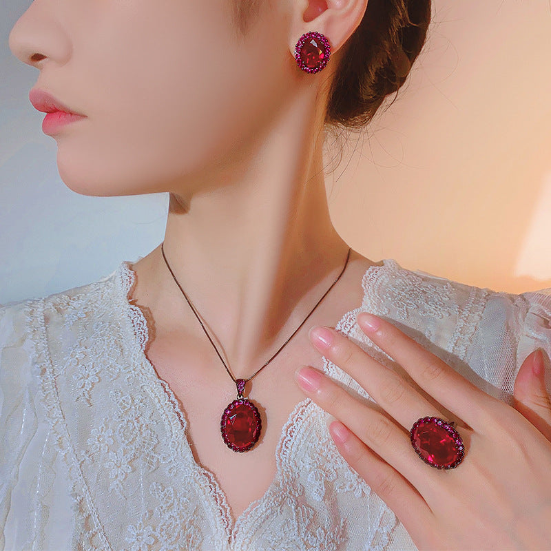 Vintage Crimson Ruby Halo Jewelry Set