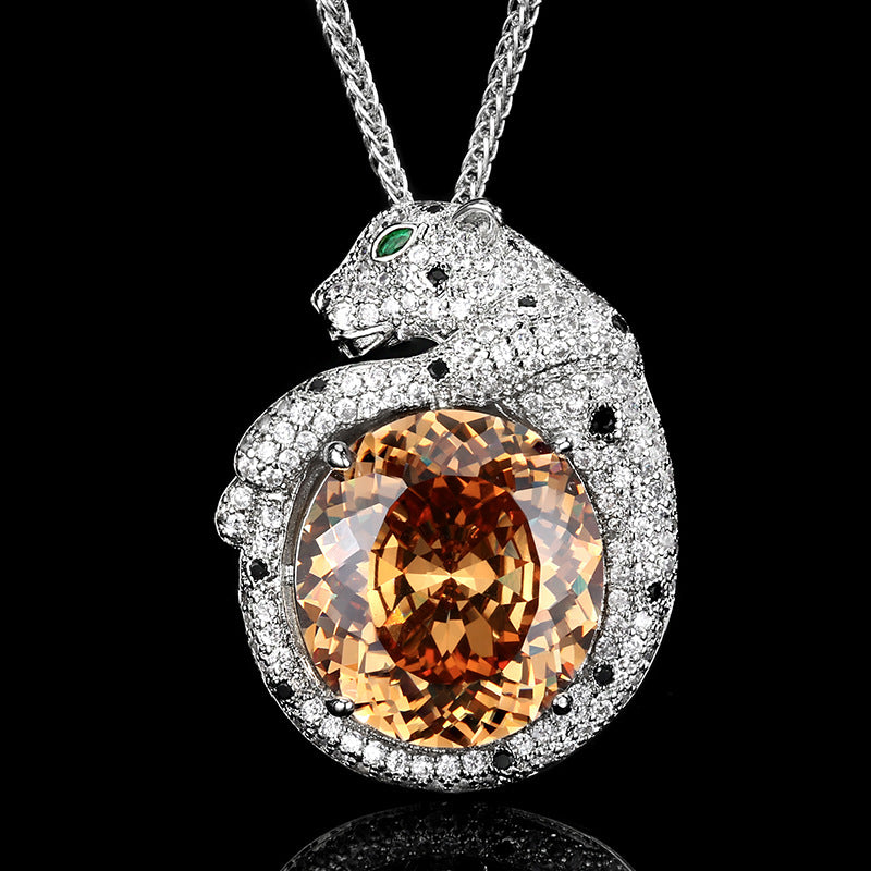Sparkling Pave Panther Oval Gemstone Necklace