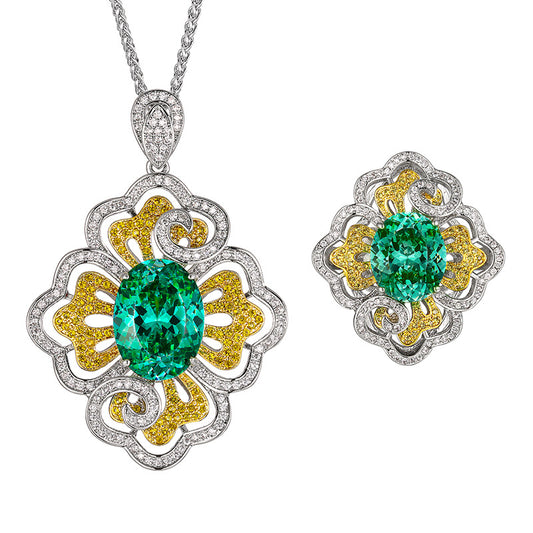 Exquisite Green Oval Stone Floral Scroll Pave Jewelry Set