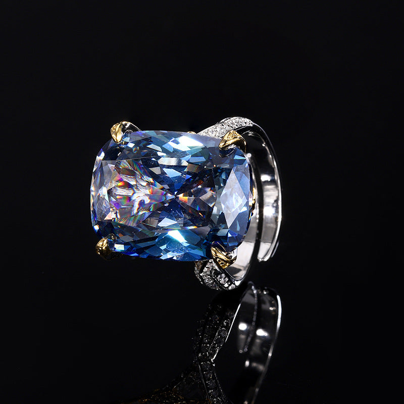 Opulent Cushion-Cut Blue Stone Halo Necklace & Ring Set