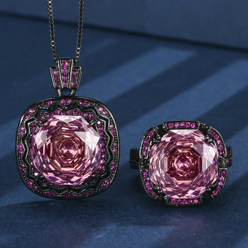 Vintage Rose-Cut Gemstone Halo Necklace and Ring Set